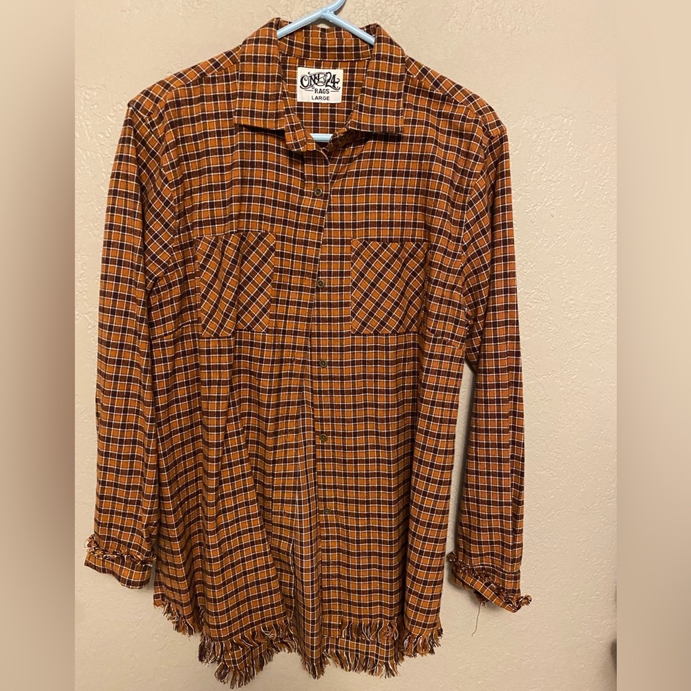 One24 Rags Boutique Plaid Button Down Shirt in Rust and Black
